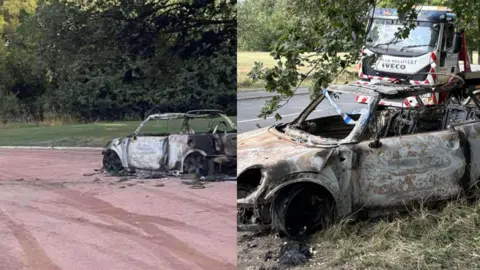 Richard Whitehouse/BBC A split screen pic showing a burned-out car shell sitting on a cinder running track on the left and the car sitting on a grass verge next to a recovery lorry on the right.