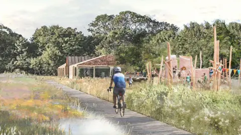 A drawing of the new path will connect Ilford Town Centre to the River Roding. It shows a man on a bike path and various wooden structures among grassland and mature trees. 