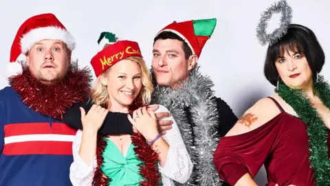 James Corden, Joanna Paige, Matt Horne and Ruth Jones pose for a publicity shot for the Gavin & Stacey finale, wearing tinsel and hats