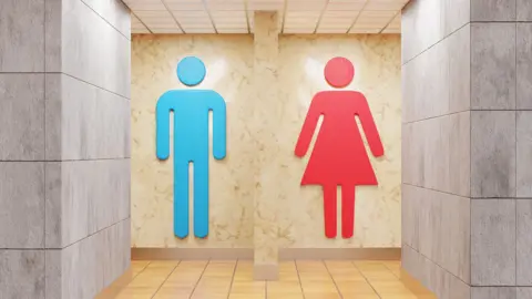 Getty Images Stock photo shows two entrances to single space public toilets - designated by large signs of a man in blue and a woman in red.