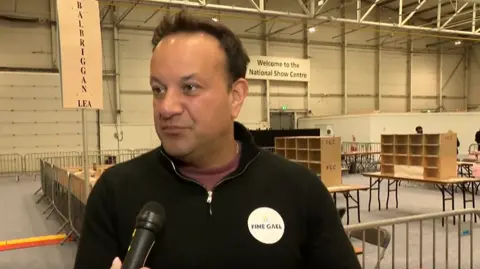 RTÉ Fine Gael leader Leo Varadkar faces the camera speaking to reporters at the count centre