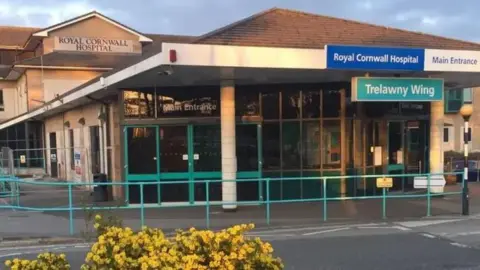 The entrance to the Royal Cornwall Hospital there is a sign for main entrance and the Trelawny Wing. There are green door frames and green railings in front of the building