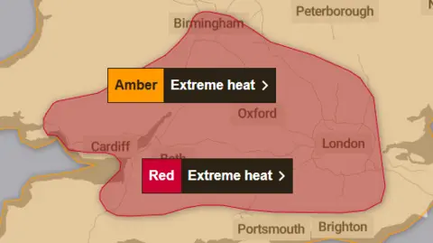 A map of the UK where a red section fills the map to detail where extreme weather will be felt during a particular time. There is a orange section to detail a slightly lesser weather warning.