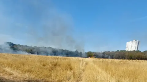 West Midlands Police Smoke can be seen drifting in the distance from a dried out field with a tower block appearing from some trees on the right of the image. The sun is shining.