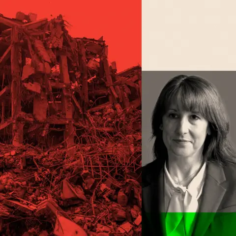 BBC A montage image, Rachel Reeves is in black and white on the right, and a red treated image of a building lying in ruins in Iran is on the left