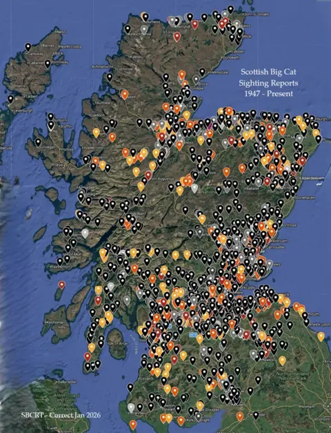 Scottish Big Cat Research Team A very detailed map of Scotland, covered in pin-points showing where cats have been seen. These pin-points are in a variety of colours.