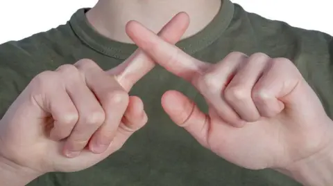 A person in a green t-shirt indicating with their hands the British Sign Language for X.