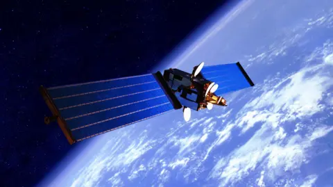 A satellite flies high above earth. 