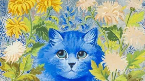 Louis Wain's painting of a bright blue cat, its head poking through yellow flowers with green leafy stems