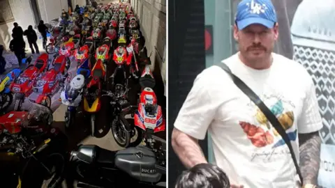 Motocicletas do FBI estacionadas próximas umas das outras à esquerda, uma foto do suspeito à direita