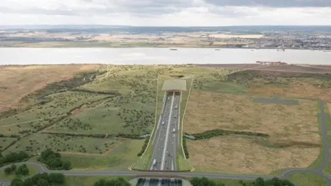 Mock up image of the Lower Thames Crossing. A two-way road can be seen in the middle of the picture, with cars using it.