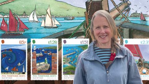 Nicola Dixon in front of an image of the stamps