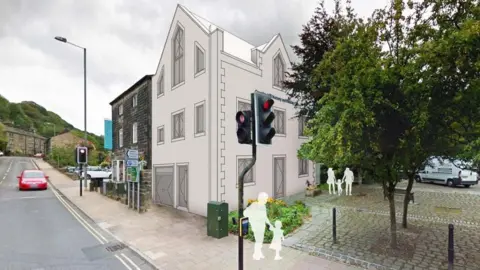 SUPPLIED/LDRS An artist’s impression showing the proposed building development placed into a real street scene. It depicts a junction with traffic lights, pedestrian crossings, and pavements, alongside a digitally illustrated three storey building with gabled roofs and tall windows. White silhouette figures of pedestrians and children are added to show how people might use the space. To the right, trees and a cobbled open area suggest a small public square, while existing roads, vehicles, and stone buildings form the surrounding context.