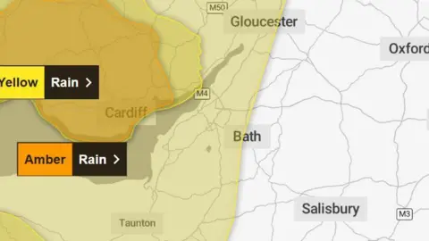 A screenshot of a Met Office map showing the areas the weather warnings cover. Parts of Gloucestershire, Somerset and Bristol is shaded in yellow.