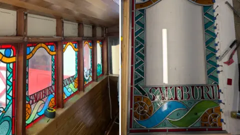 Supplied A composite image showing the stained-glass windows in place the the tram carriage on the left and a single panel on a piece of paper surrounded by tools on the right. The design features blue zigzags and yellow swirls around text which reads: "Saltburn".