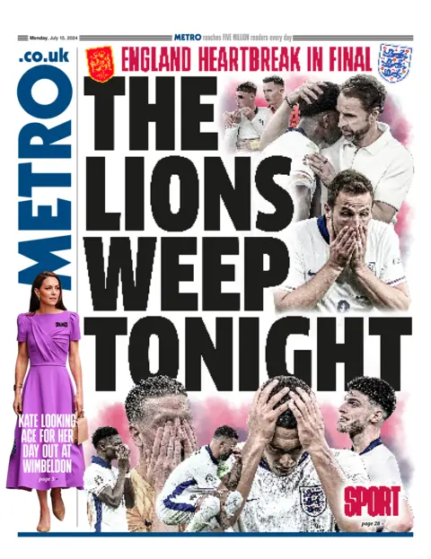 The headline in the Metro reads: "The lions weep tonight".