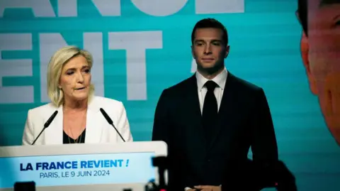  DANIEL DORKO/Hans Lucas/AFP Marine Le Pen (L) delivers a victory speech with Jordan Bardella (R) on her side on the election evening of the Rassemblement National party on the day of the European elections, in Paris, France on 9th June, 2024