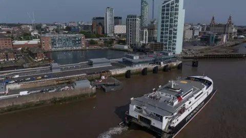 IOM GOV Fast craft Manannan arriving at the new Liverpool ferry terminal