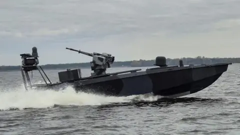 A Ukrainian naval drone boat at sea