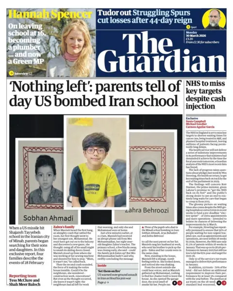 The headline on the front page of the Guardian reads: "Nothing left: parents tell of day US bombed Iran school."