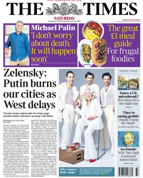 The headline on the front page of the Times reads:  'Zelensky: Putin burns our cities as West delays'.