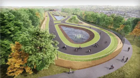 Bristol City Council/Arcadis A CGI of how the Bristol Regional Cycling Hub in Lawrence Weston would look. A bird's eye view of a track surrounded by trees with ponds in the middle.