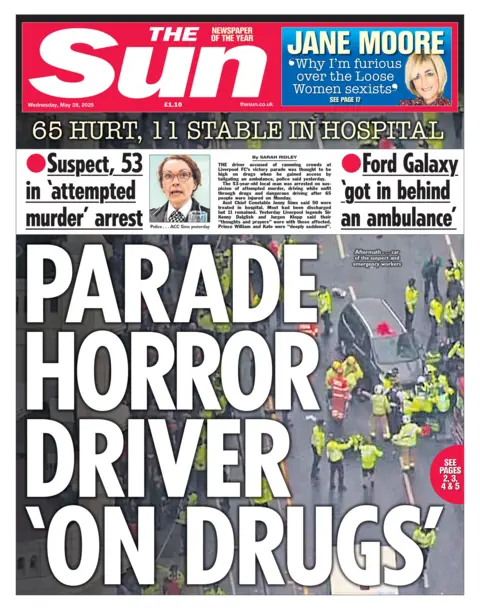 "Parade horror driver 'on drugs'" reads the headline on the front page of The Sun.