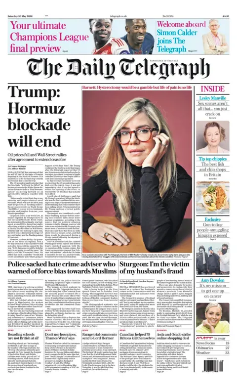 The headline on the front page of the Daily Telegraph reads: 'Trump: Hormuz blockade will end'.