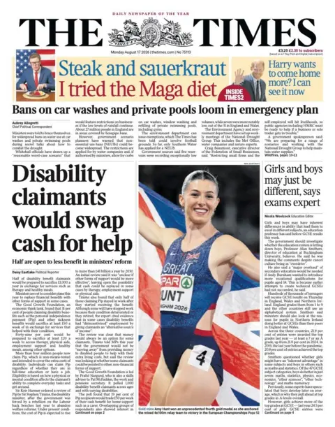 The headline on the front page of the Times reads: "Disability claimants would swap cash for help."