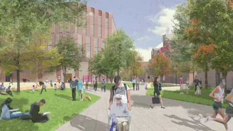 A sketch of people using a public green space in front of new buildings on Bute Street at the back of the existing Youthscape and Bear Club building