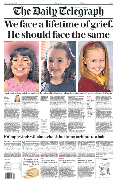 The headline in the Telegraph reads: "We face a lifetime of grief. He should face the same". 