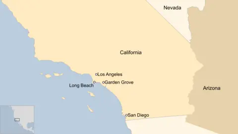 A map of California showing the locations of Los Angeles, Garden Grove, Long Beach and San Diego