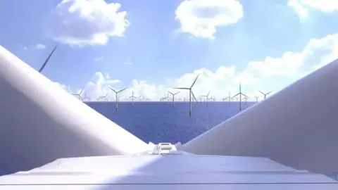 An artist impression of the wind farm from the top of a turbine showing other turbines in the distance in the sea