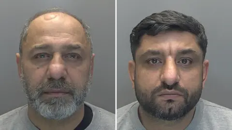 Custody photos of two men - Marian Cercel and Ionut Craciun - who are both looking at the camera with a neutral expression and wearing grey sweatshirts.