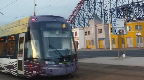 Blackpool Tram near the Pleasure Beach