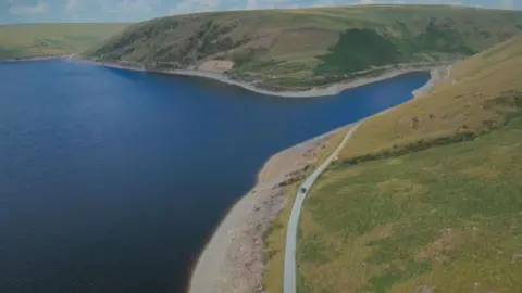 BBC Crimewatch Drone shot of Claerwen Reservoir.