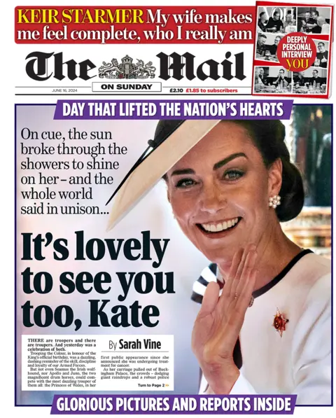 The headline on the front page of the Mail on Sunday read: "Nice to see you too, Kate"
