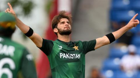 Pakistan bowler Shaheen Afridi celebrates a wicket against Ireland during the 2014 T20 World Cup