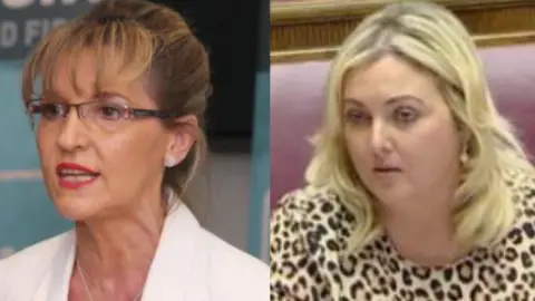 A composite of two woman, both with blond hair. The woman on the left is wearing glasses, a white jacket, The woman on the right is wearing a leopard print blouse