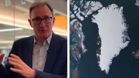 Composite image showing BBC's James Landale on left side and map showing Greenland