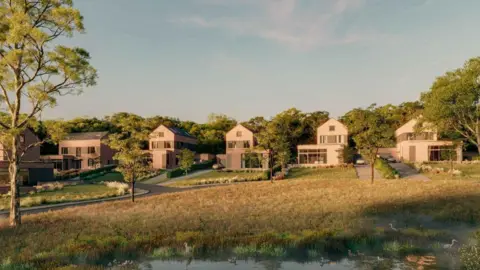  SPX Architects A computer-generated image showing five large detached red-brick homes with glass fronts. Trees surround the properties and a field and pond sit in front. 