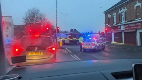 Image of emergency services at crash in Humberstone Road 