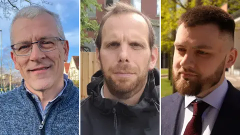 A composite image of three men standing outside in different city streets. On the left, a man with short grey hair, a blue jumper and thin-framed glasses smiles at the camera. In the centre, a man with short brown hair and wearing a black raincoat. On the right, a main with short brown hair, beard and moustache is wearing a black suit and dark red tie.