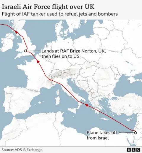A BBC graphic showing the Israeli flight over Europe and to the UK.