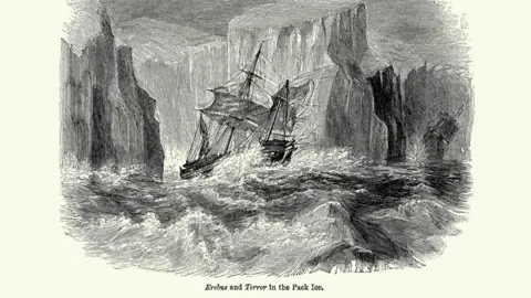 Getty Images A drawing of the two ships - Erebus in the centre foreground and Terror obscured in the background, in a rough sea surrounded by huge glaciers