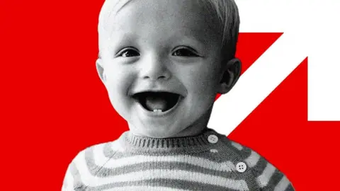 A smiling baby on a red and white background - reflecting the BBC's "cost of living" branding