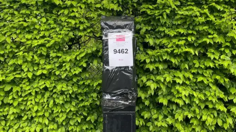 LDRS A parking payment machine covered in black plastic with a piece of paper taped to the front instructing people to pay using RingGo. There's a large bush behind it.