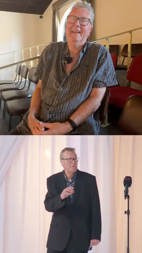Half of the picture is a man laughing sitting down and the other half is a man on stage with a microphone.