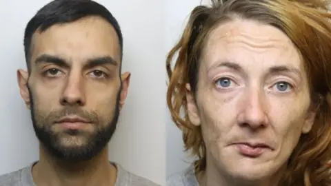 West Yorkshire Police Two side-by-side police mugshots. On the left is a man in his 30s, with a narrow face, dark hair and a beard. On the right is a woman in her 30s, with untidy light brown hair and blue eyes.