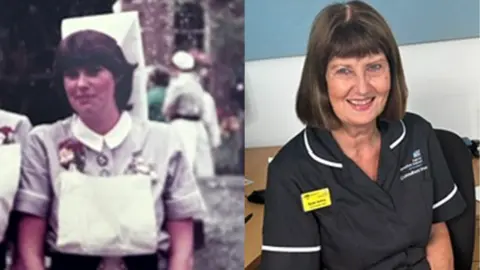 A composite image of a nurse, who was wearing a uniform in the 1980s and the present.